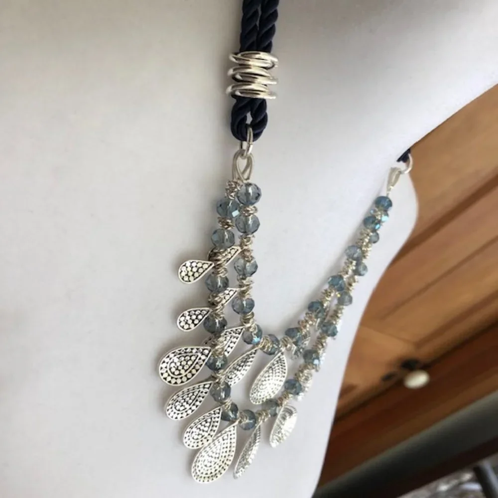 VINEYARD HAVEN Statement 2 Strand Silvertone/Blue Rope Necklace NWT